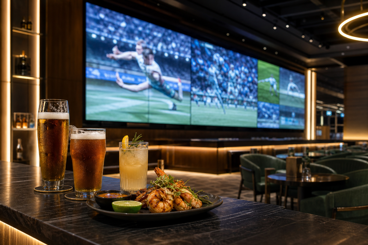 Drinks and live sport displayed on the Sports Bar wall